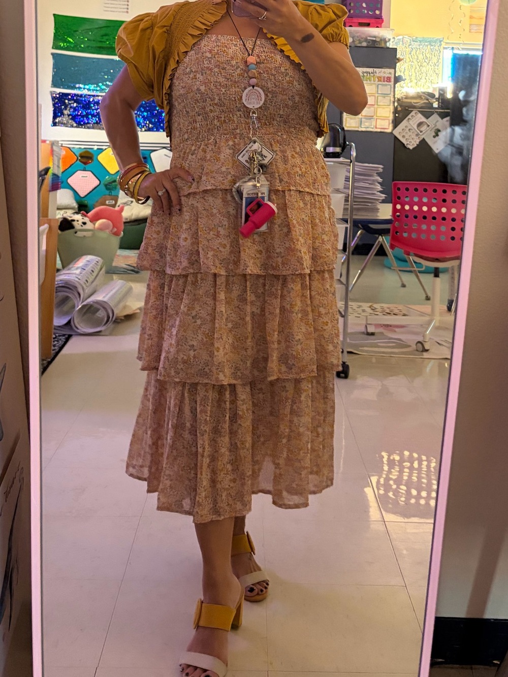 Mimi Chica Pink and Yellow Floral Smocked Tiered Midi Dress - Picture 6 of 6